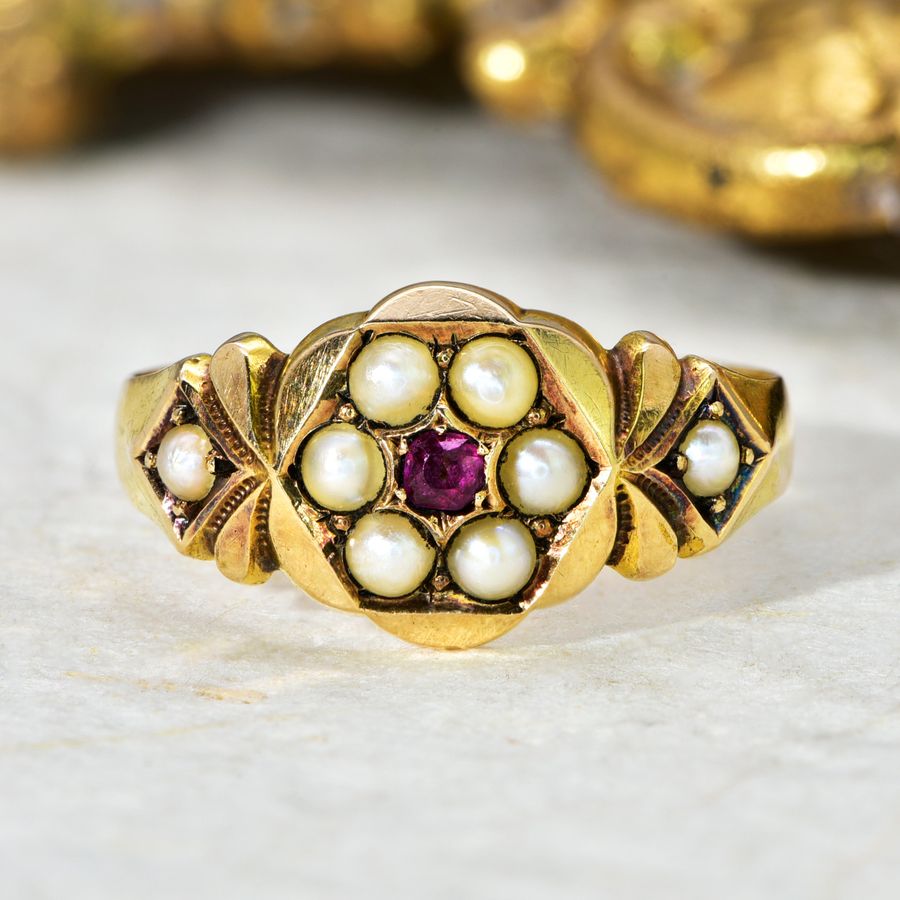 The Antique 1885 Victorian Pearl and Ruby Ring