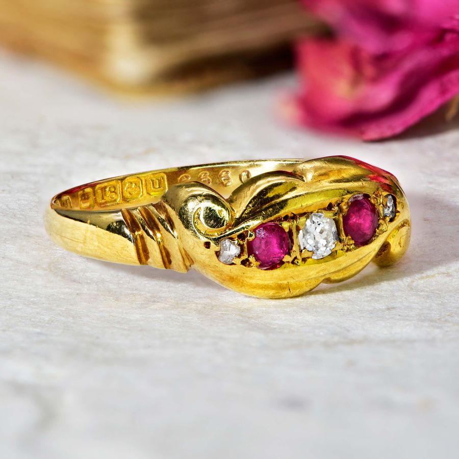 Antique The Antique 1919 Diamond and Ruby Scroll Ring