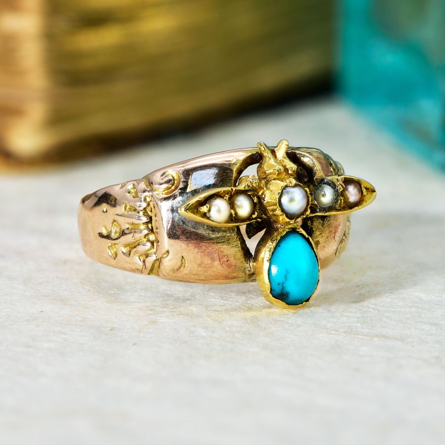 Antique The Antique Early 20th Century Turquoise and Split Pearl Fly Ring