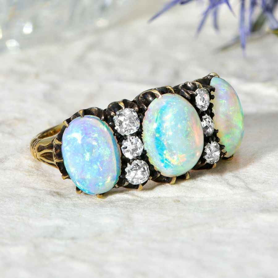 Antique The Antique Victorian Opal and Old European Cut Diamond Ring