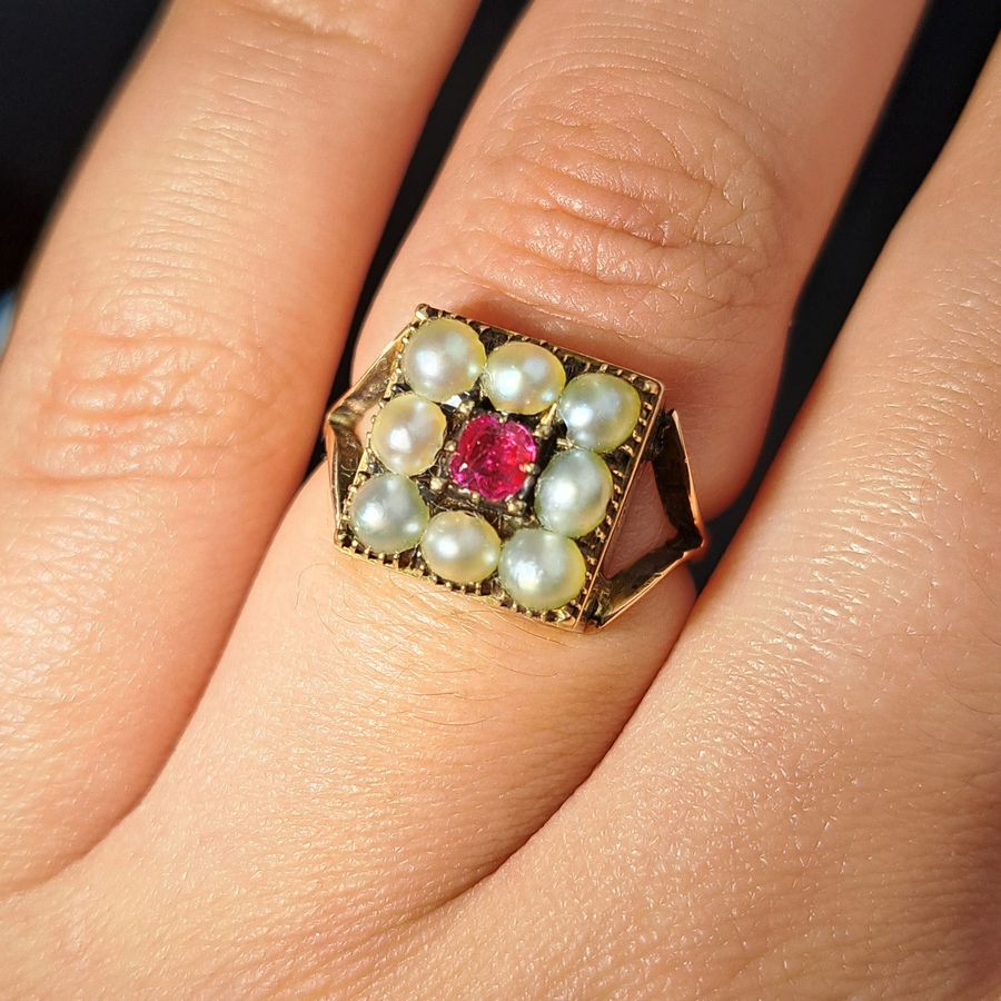 Antique The Antique Victorian Pearl and Ruby Cluster Ring