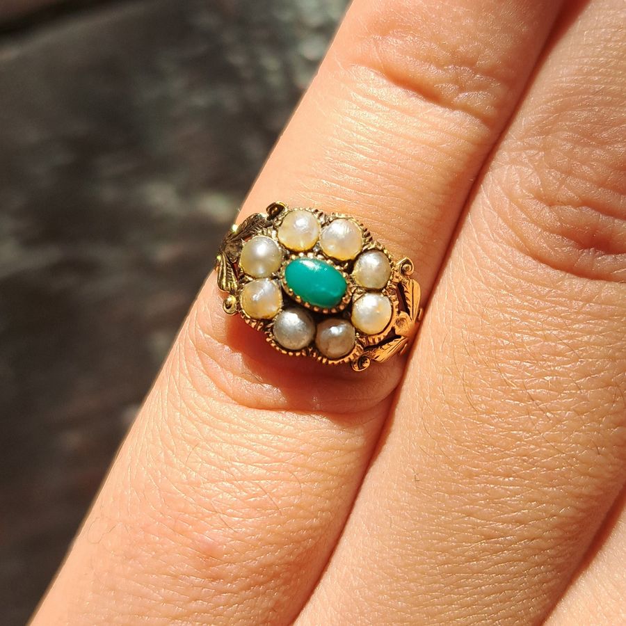 Antique The Antique Victorian Pearl and Turquoise Cluster Flower Ring