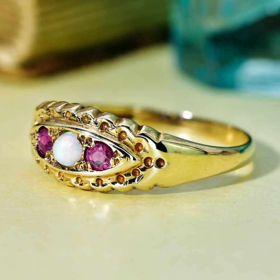 Antique The Vintage 1997 Ruby and Opal Boat Ring