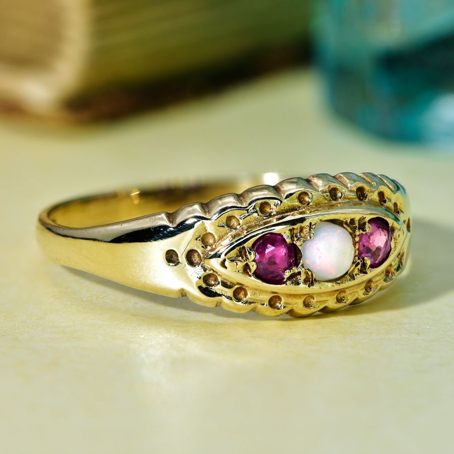 Antique The Vintage 1997 Ruby and Opal Boat Ring