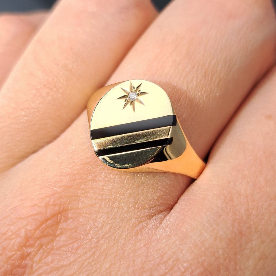 Antique The Vintage Single Cut Diamond and Two Stripe Signet Ring