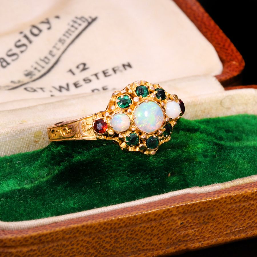 Antique The Antique Victorian 1871 Opal, Emerald and Garnet Juicy Ring