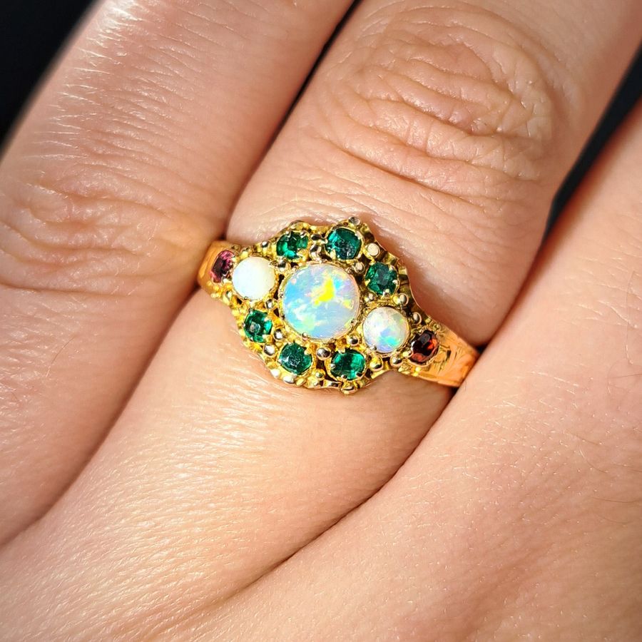 Antique The Antique Victorian 1871 Opal, Emerald and Garnet Juicy Ring