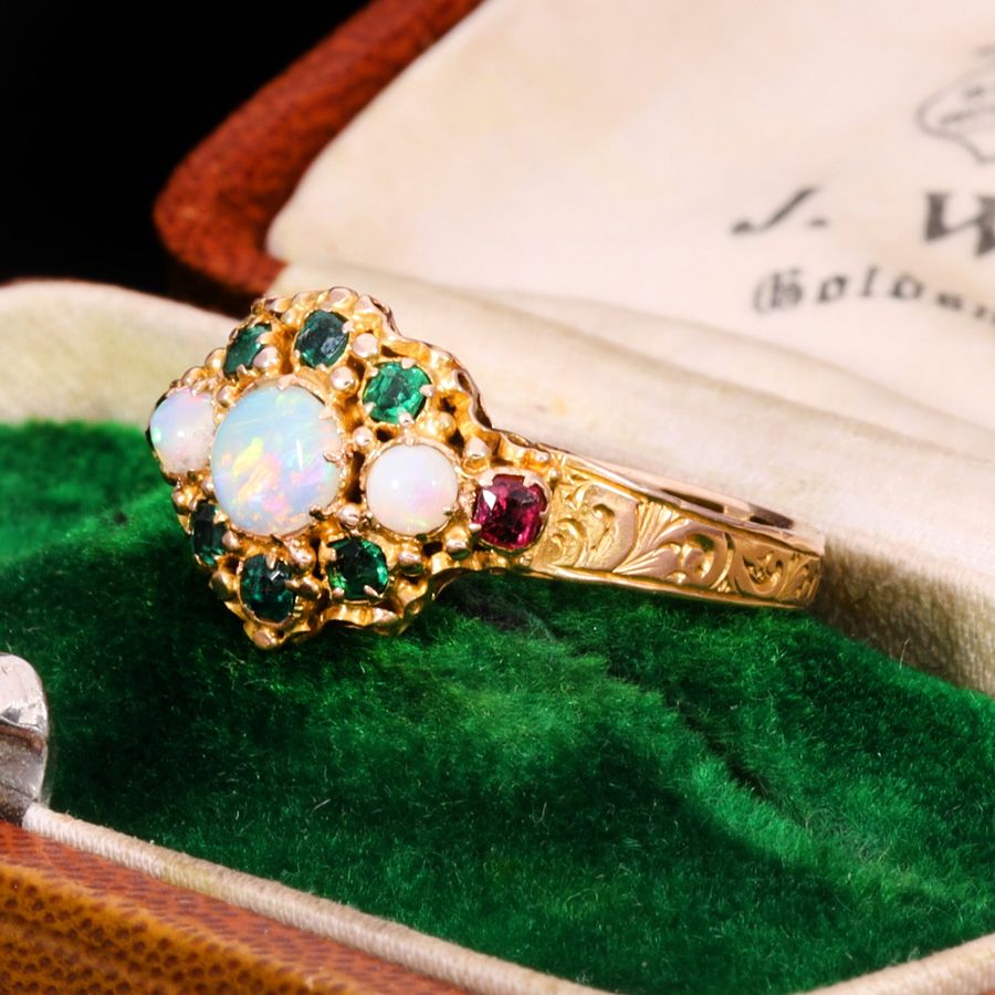 Antique The Antique Victorian 1871 Opal, Emerald and Garnet Juicy Ring