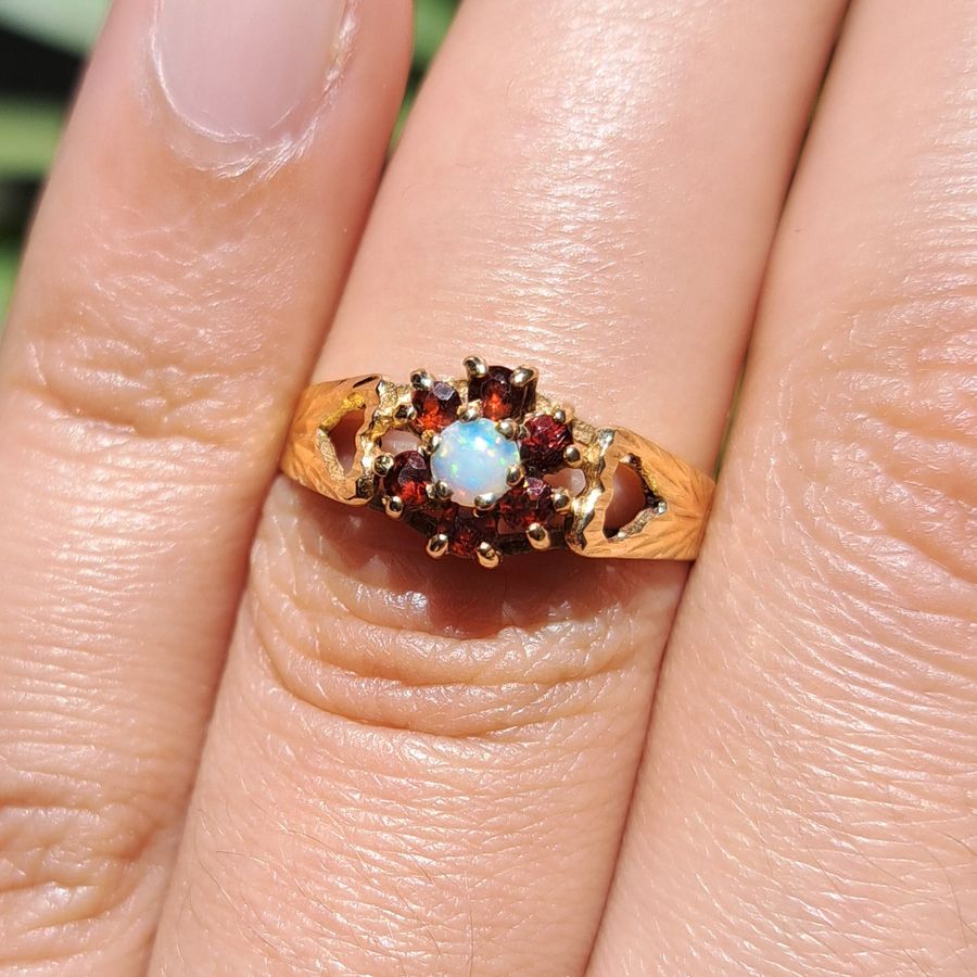 Antique The Vintage 1980 Opal and Garnet In Bloom Ring