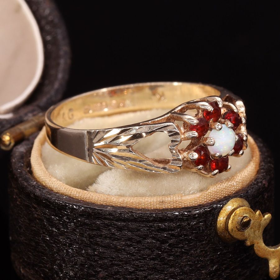 Antique The Vintage 1980 Opal and Garnet In Bloom Ring