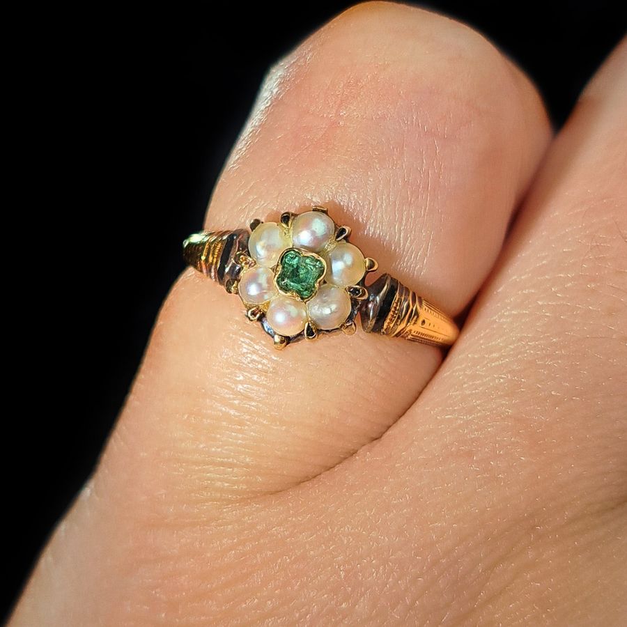 Antique The Antique 18th Century Emerald and Pearl Graceful Cluster Ring