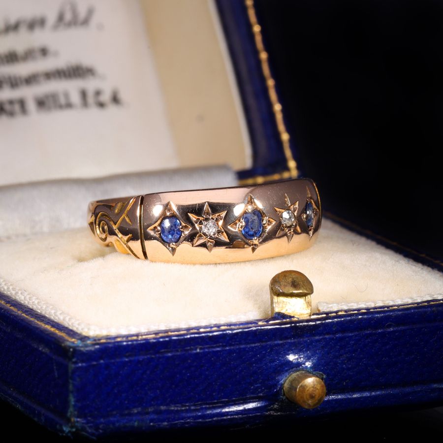 Antique The Antique Edwardian 1901 Sapphire and Diamond Starburst Ring