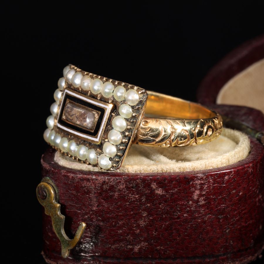 Antique The Antique Georgian 1810 Hairwork, Enamel and Pearl Mourning Ring