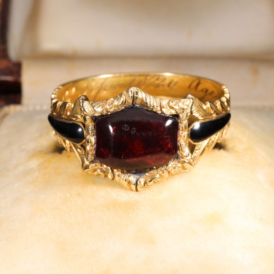 Antique The Antique Georgian 1820 Garnet Cabochon Foliate Mourning Ring