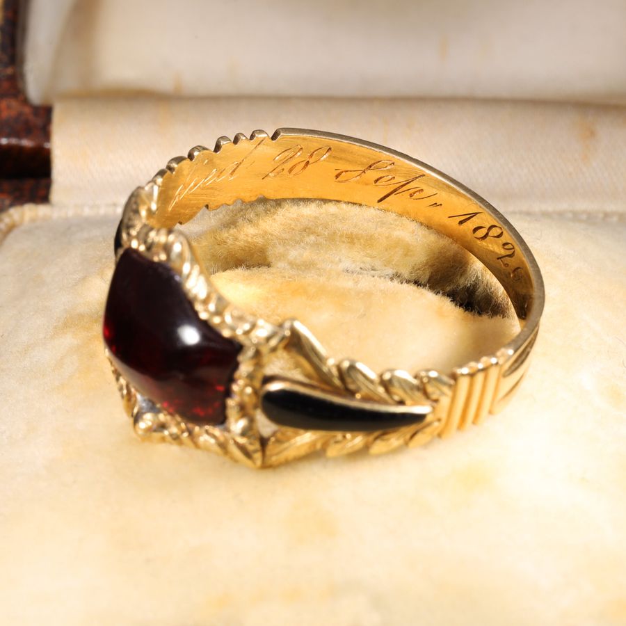 Antique The Antique Georgian 1820 Garnet Cabochon Foliate Mourning Ring