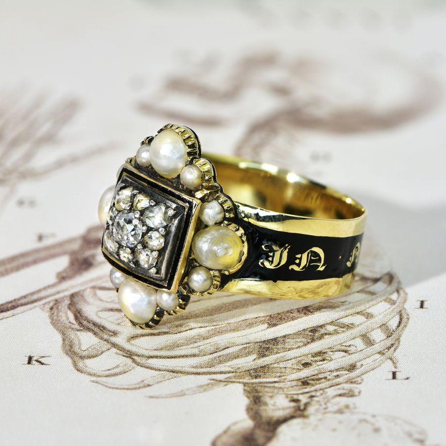 Antique The Antique Georgian 1823 Exquisite Diamond and Pearl Mourning Ring