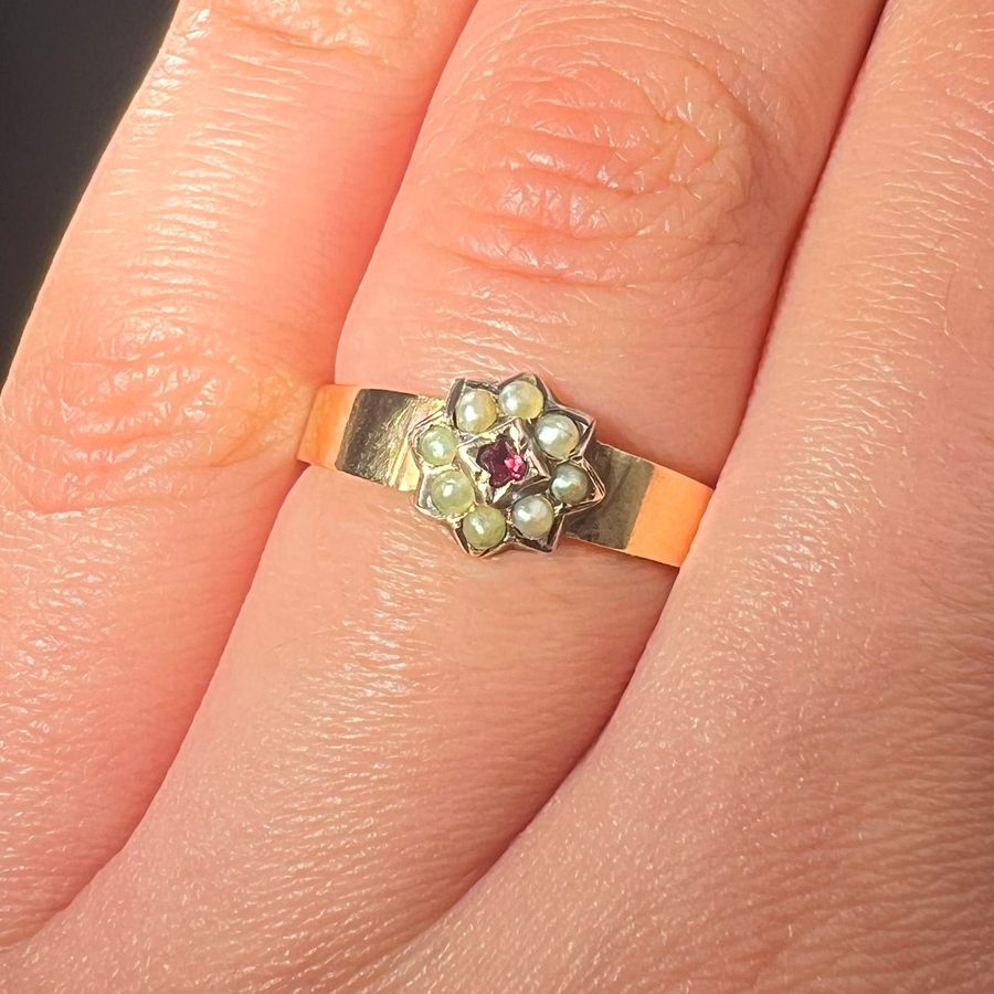 Antique The Antique Victorian Garnet and Pearl Celestial Ring