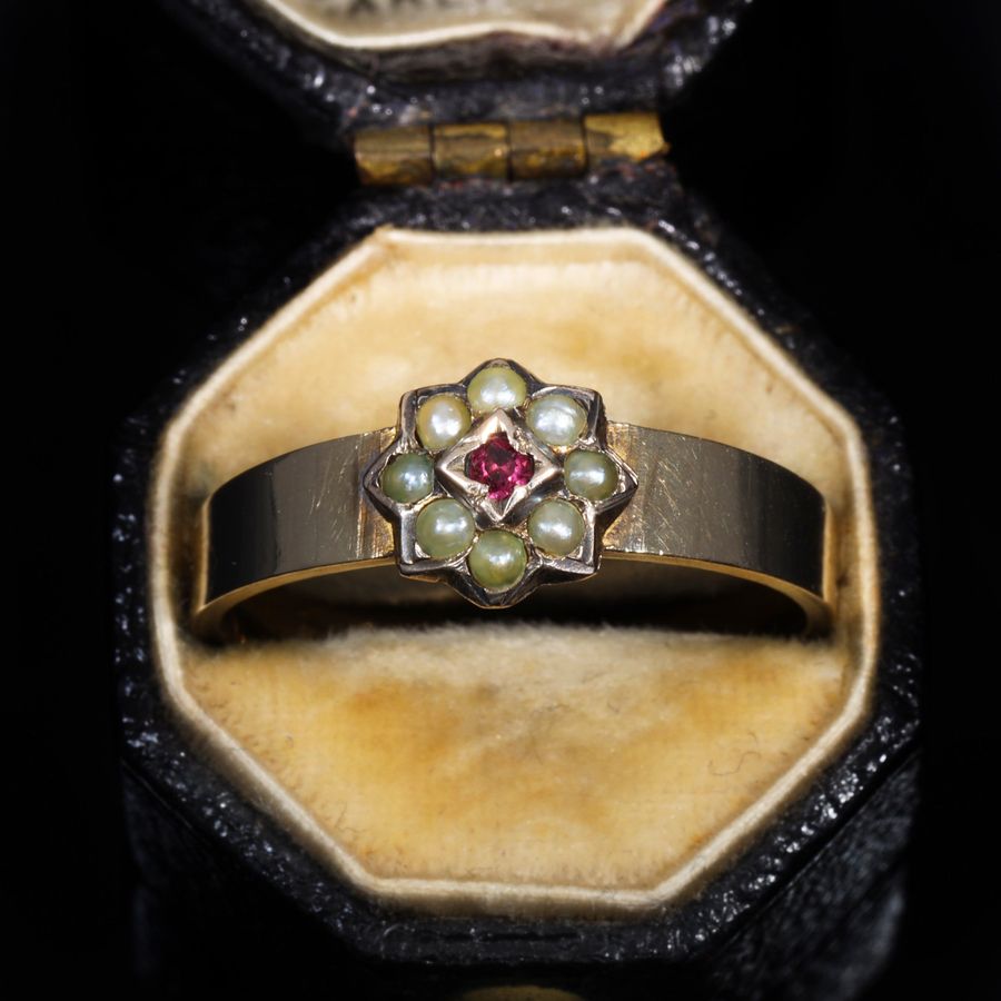 Antique The Antique Victorian Garnet and Pearl Celestial Ring