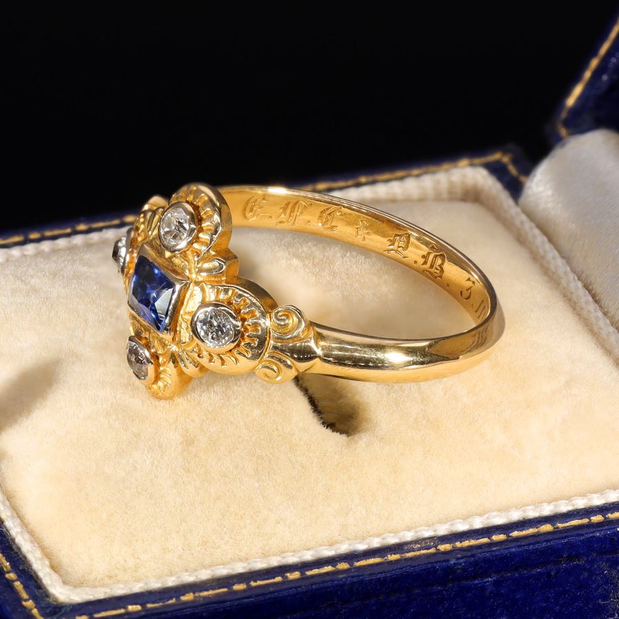 Antique The Antique Victorian Sapphire and Diamond Hand Carved Ring