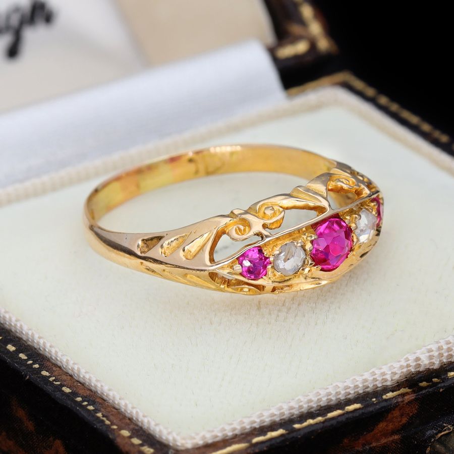 Antique The Antique Victorian Synthetic Ruby and Diamond Boat Ring