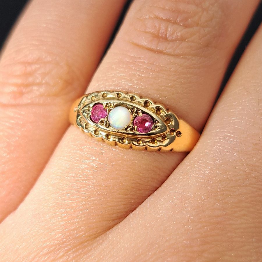 Antique The Vintage 1997 Ruby and Opal Boat Ring