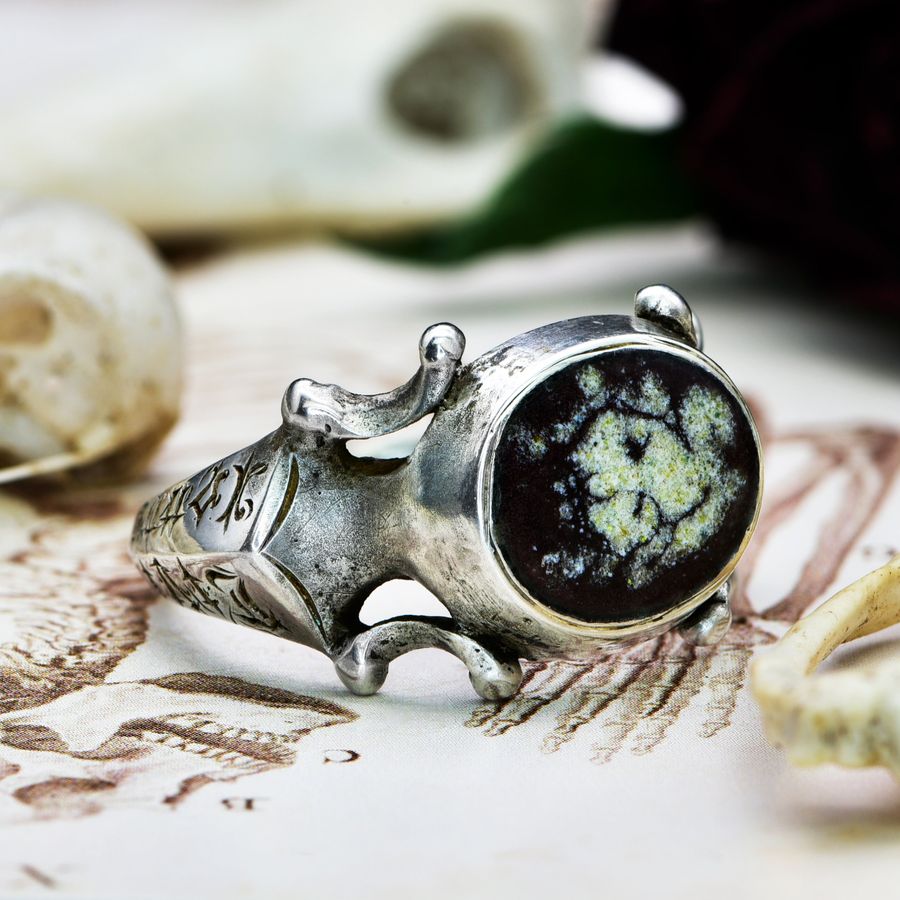 Antique The Ancient 1601 Renaissance Silver Memento Mori Portrait Ring