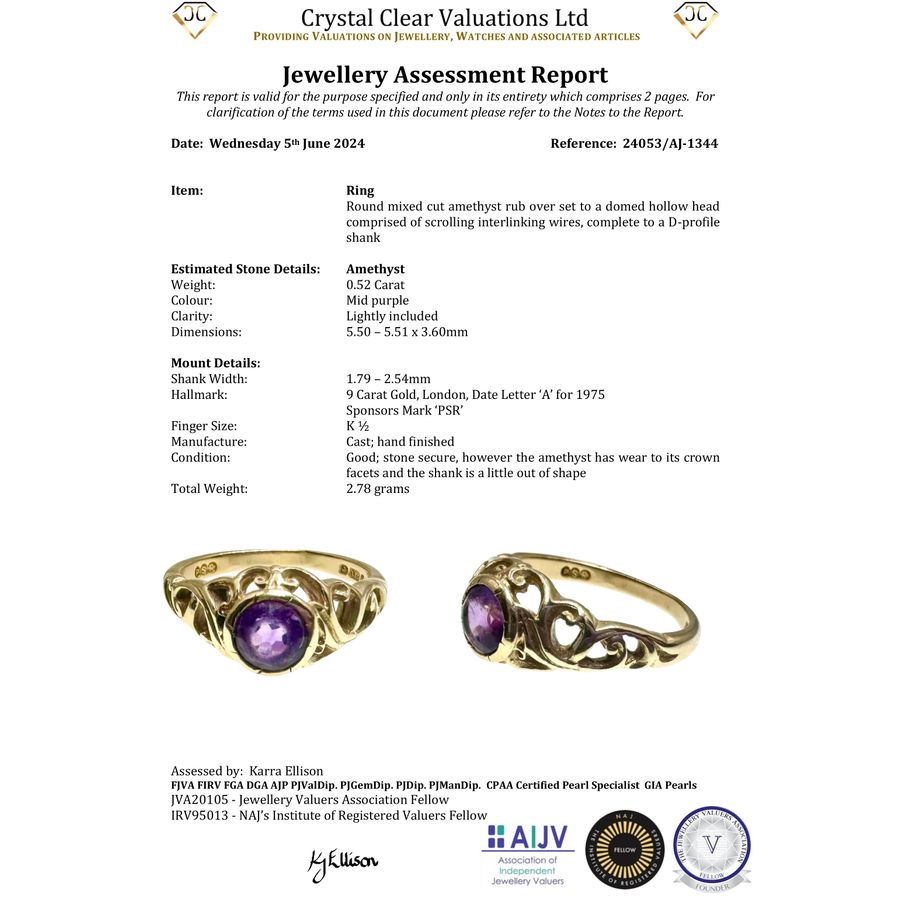 Antique The Vintage 1975 Amethyst Filigree Ring