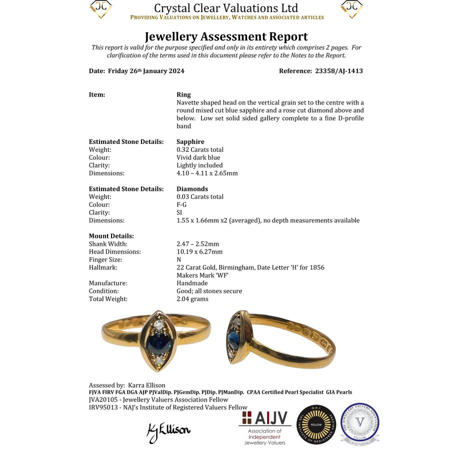 Antique The Antique 1856 22ct Gold Sapphire and Diamond Navette Ring