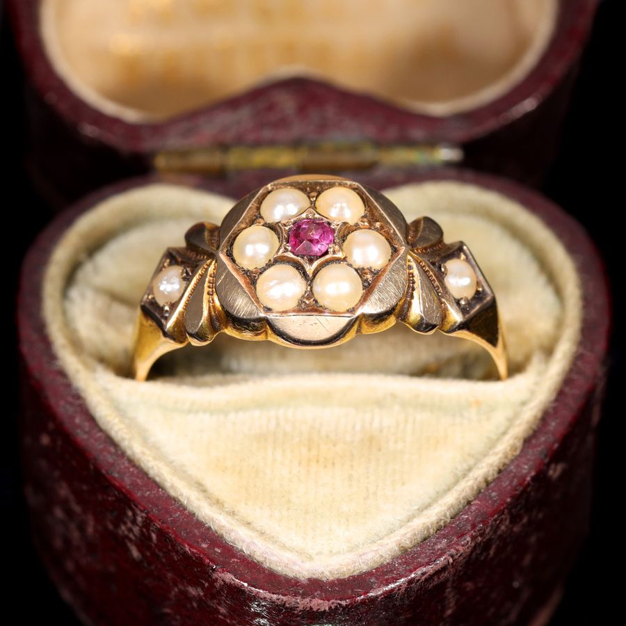 Antique The Antique 1885 Victorian Pearl and Ruby Daisy Ring