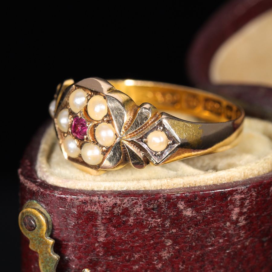 Antique The Antique 1885 Victorian Pearl and Ruby Daisy Ring