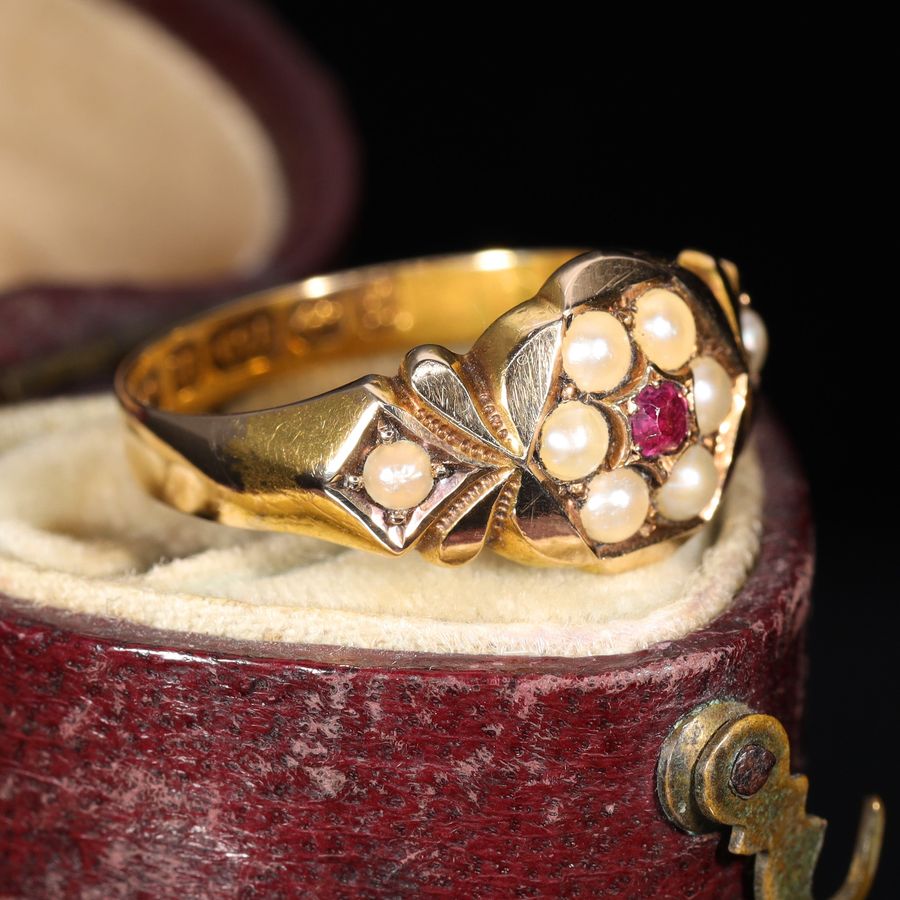 Antique The Antique 1885 Victorian Pearl and Ruby Daisy Ring