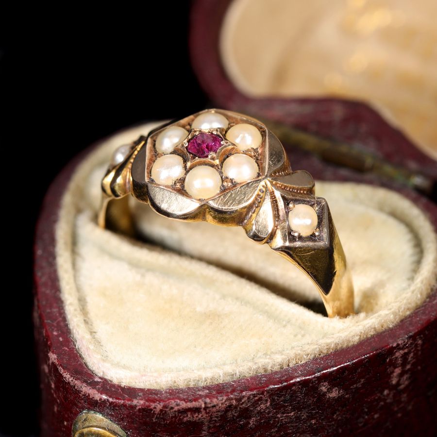 Antique The Antique 1885 Victorian Pearl and Ruby Daisy Ring