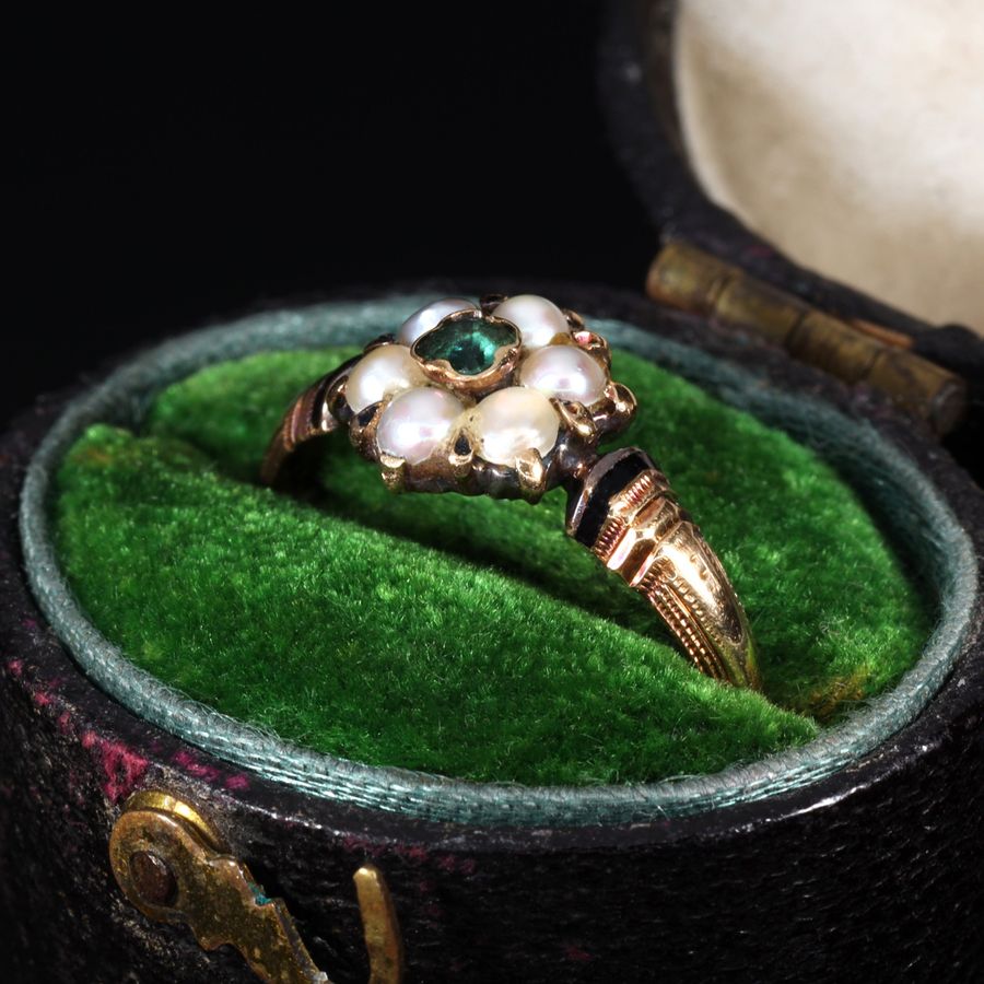 Antique The Antique 18th Century Emerald and Pearl Graceful Cluster Ring