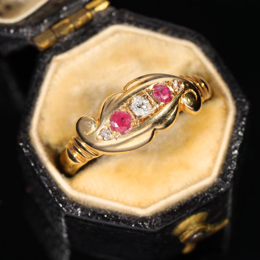 Antique The Antique 1919 Diamond and Ruby Scroll Ring