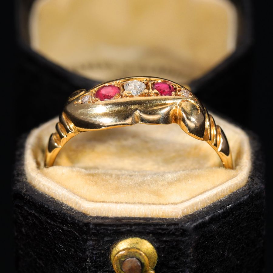 Antique The Antique 1919 Diamond and Ruby Scroll Ring