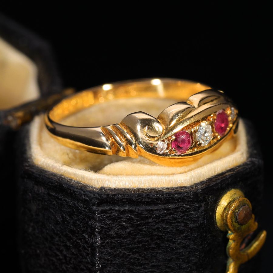 Antique The Antique 1919 Diamond and Ruby Scroll Ring