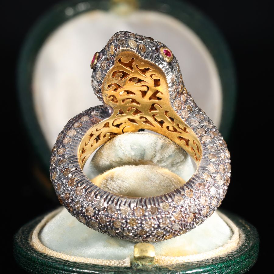 Antique The Antique Diamond and Ruby Encrusted Snake Ring