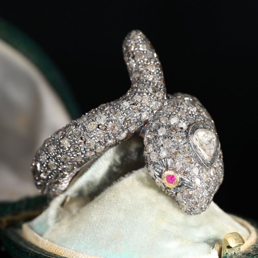 Antique The Antique Diamond and Ruby Encrusted Snake Ring