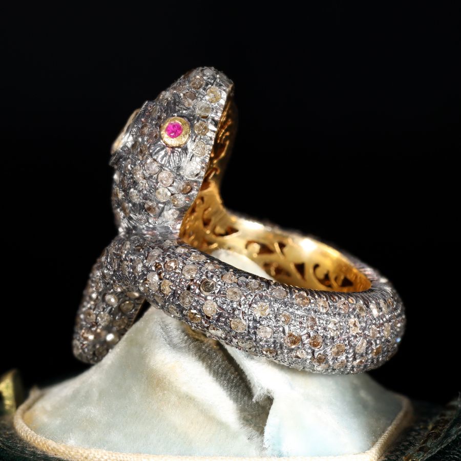 Antique The Antique Diamond and Ruby Encrusted Snake Ring