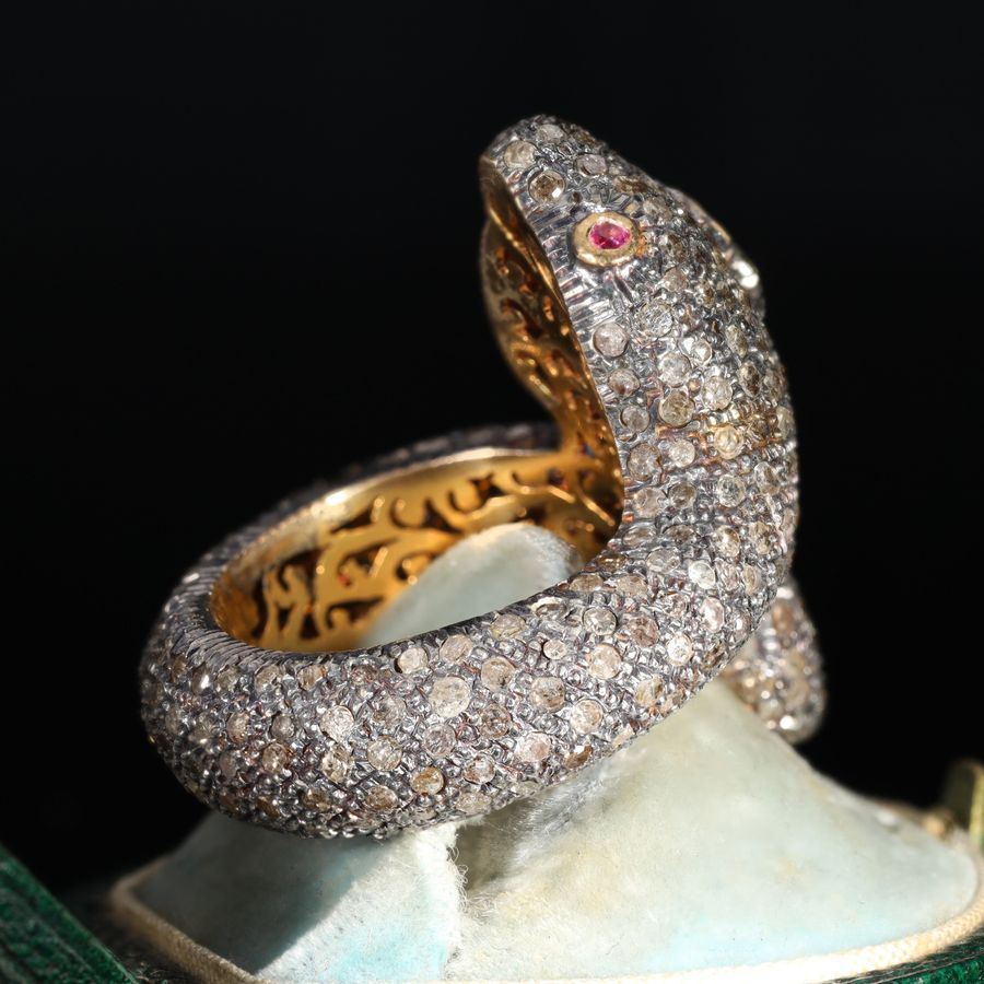 Antique The Antique Diamond and Ruby Encrusted Snake Ring