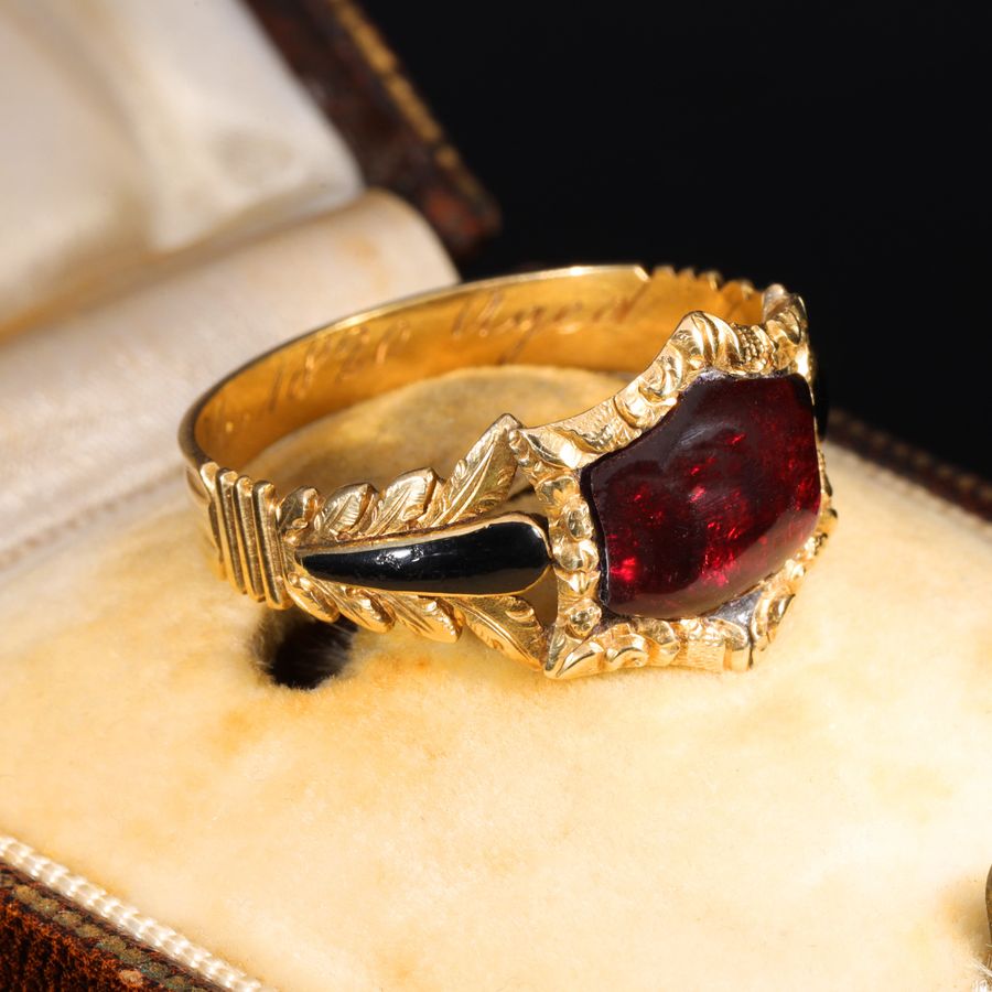 Antique The Antique Georgian 1820 Garnet Cabochon Foliate Mourning Ring