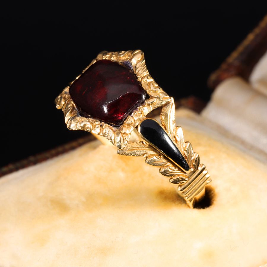 Antique The Antique Georgian 1820 Garnet Cabochon Foliate Mourning Ring