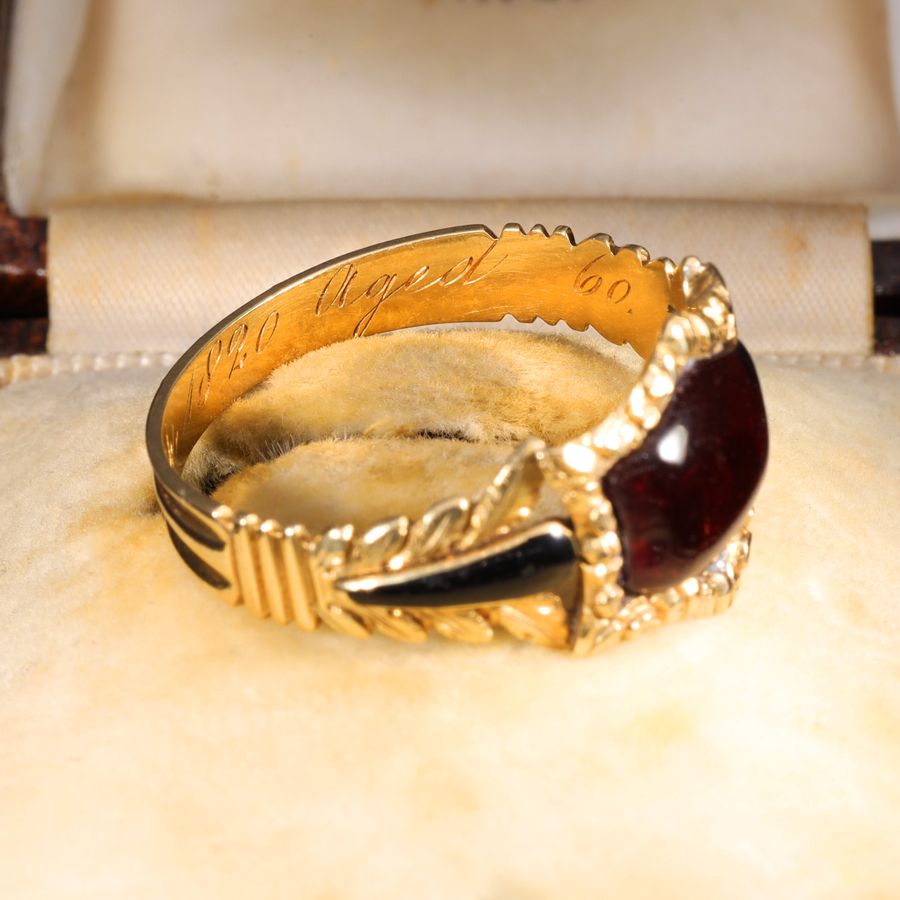 Antique The Antique Georgian 1820 Garnet Cabochon Foliate Mourning Ring