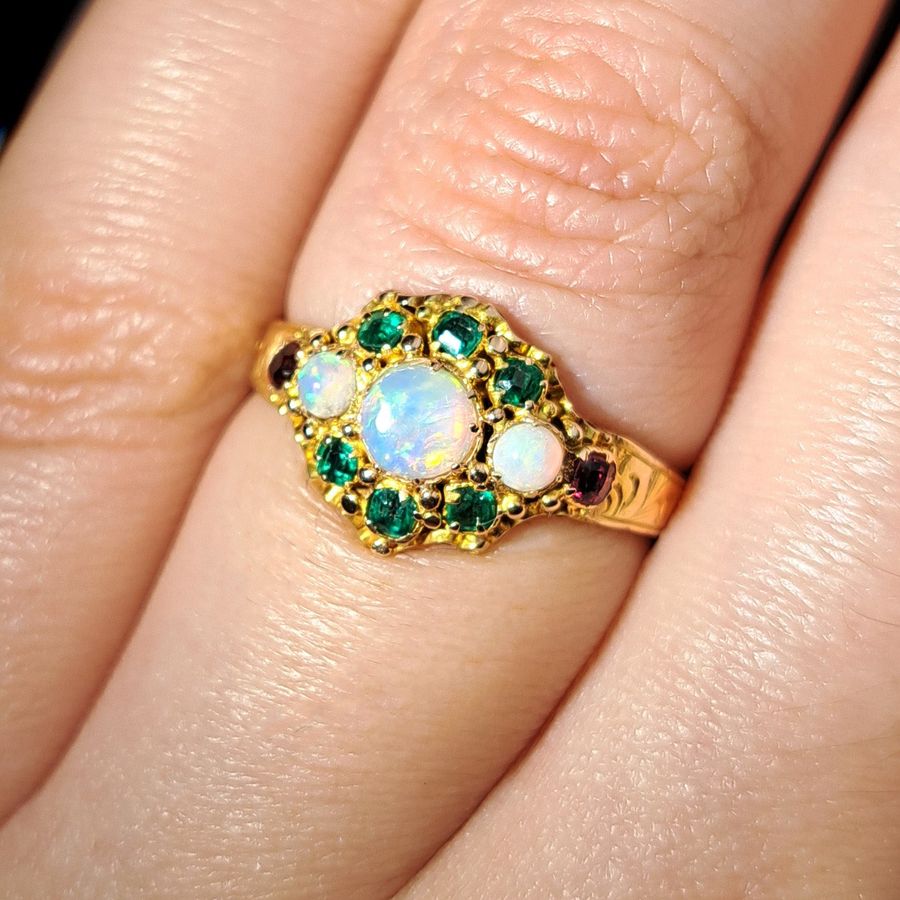 Antique The Antique Victorian 1871 Opal, Emerald and Garnet Juicy Ring