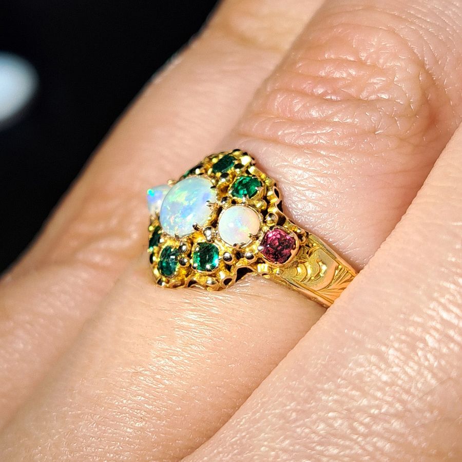 Antique The Antique Victorian 1871 Opal, Emerald and Garnet Juicy Ring