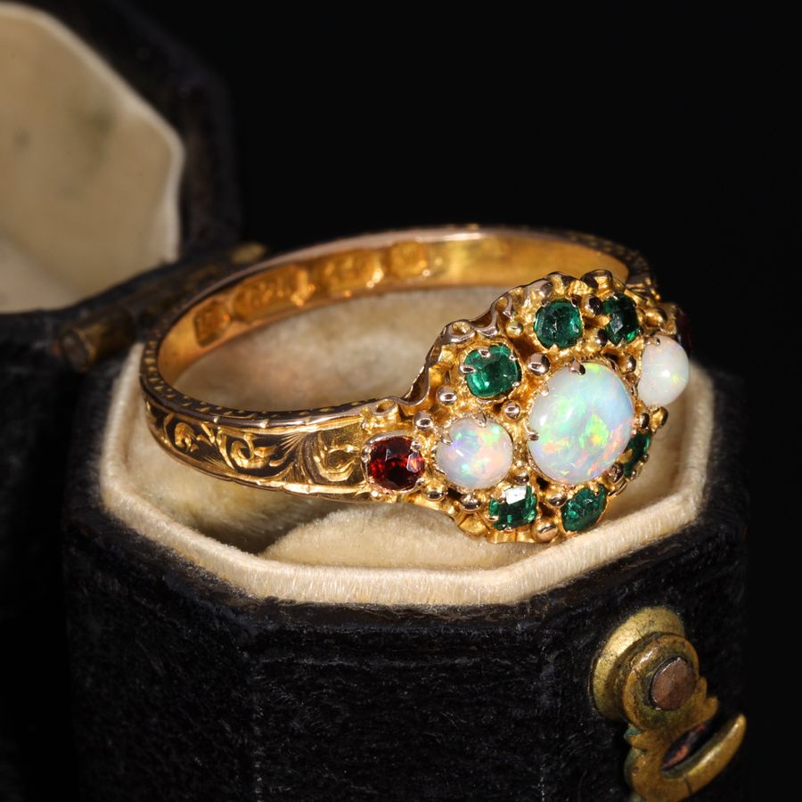 Antique The Antique Victorian 1871 Opal, Emerald and Garnet Juicy Ring