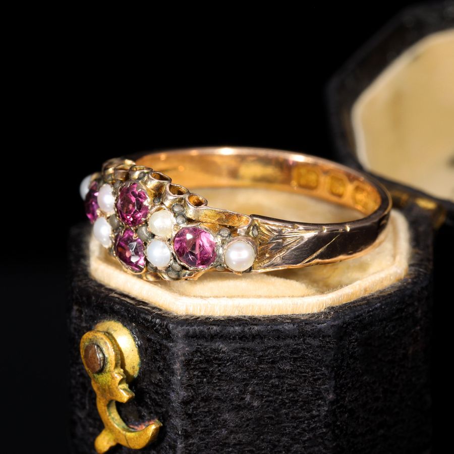 Antique The Antique Victorian 1875 Almandine Garnet and Seed Pearl Ring