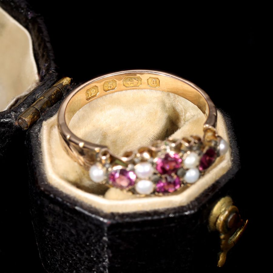 Antique The Antique Victorian 1875 Almandine Garnet and Seed Pearl Ring