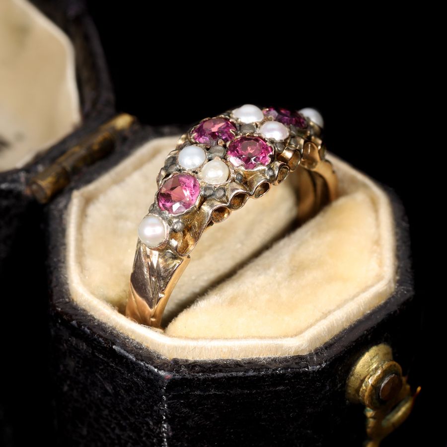 Antique The Antique Victorian 1875 Almandine Garnet and Seed Pearl Ring