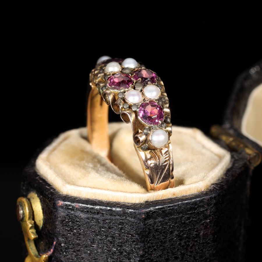 Antique The Antique Victorian 1875 Almandine Garnet and Seed Pearl Ring